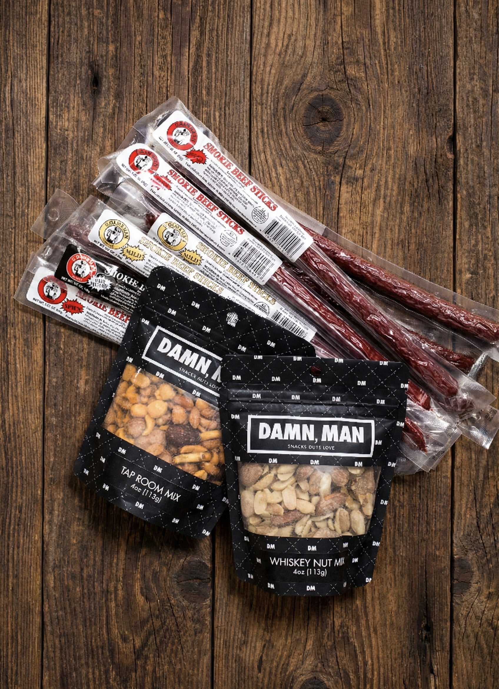 Damn Man Beef Jerky Snack Mixes Gift Assortment Mild Smokey with Nuts 12-Count