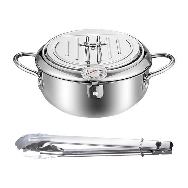 Olla freidora de acero inoxidable, utensilios de cocina extraíbles multiusos con termómetro plata 28cm y clip