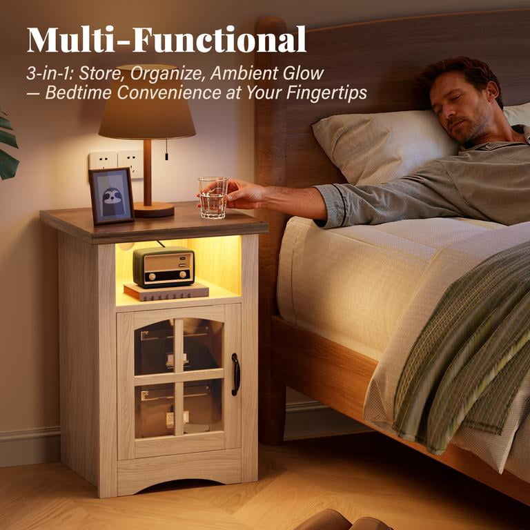 Lacoo End Table Set of 2 with LED Lights & Power Outlet, Side Table with Glass Door for Living Room, Nightstand with Storage for Bedroom, Natural