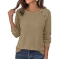 thumbnail image 3 of cocolona Long Sleeve Tops for Women Crew Neck Solid Color Basic Tee Decorative Button Casual Fall Outfits, 3 of 6