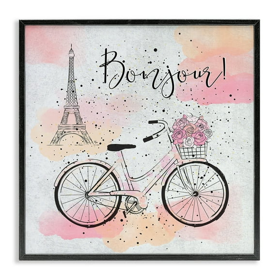 Stupell Industries Bonjour Paris & Bicycle Town & City Painting Black Framed Art Print Wall Art, 12 x 12