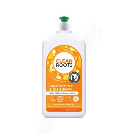 Clean Roots Baby Bottle & Dish Soap, 100% Plant-Based & Organic, Scent-Free & Hypoallergenic, EcoGarantie Certified, 16.9 Fl. Oz. (500 ML)