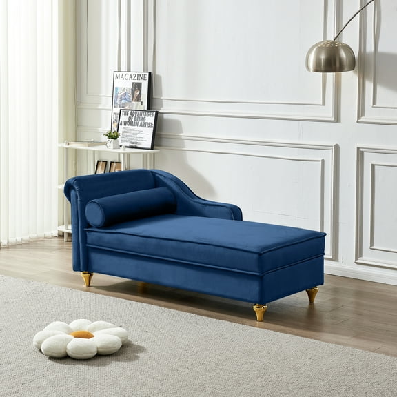 Modern Chaise Lounge In Navy Blue Velvet With Storage - Comfortable And Fashionable Gold Legs Upholstery Practical &