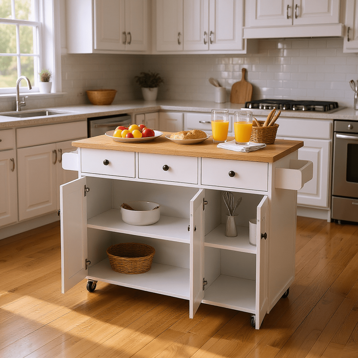 Homy Casa 56.6" Rolling Utility Cart with Cabinets, Multi-Purpose Serving Buffet, Laundry Organizer