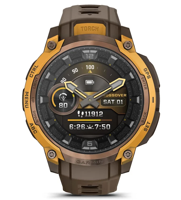 Garmin Instinct Crossover AMOLED Sapphire Rugged Hybrid GPS Smartwatch, Analog Hands, Bronze/Sunburst & Cocoa w/ Wearable4U PowerBank Bundle