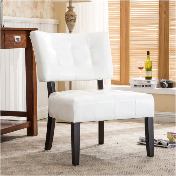 JERFIT Ivory Modern Tufted Faux Leather Accent Chair with Oversized Seat for Living Room