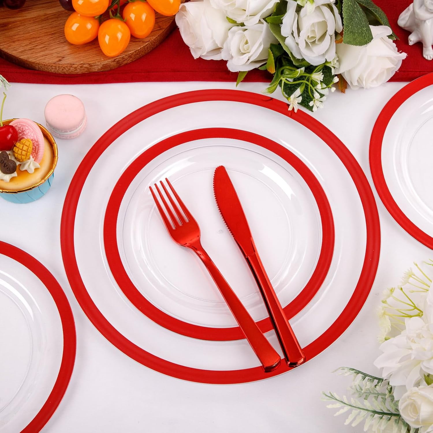 210 Pcs Clear and Red Plastic Plates, Disposable Dinnerware Set