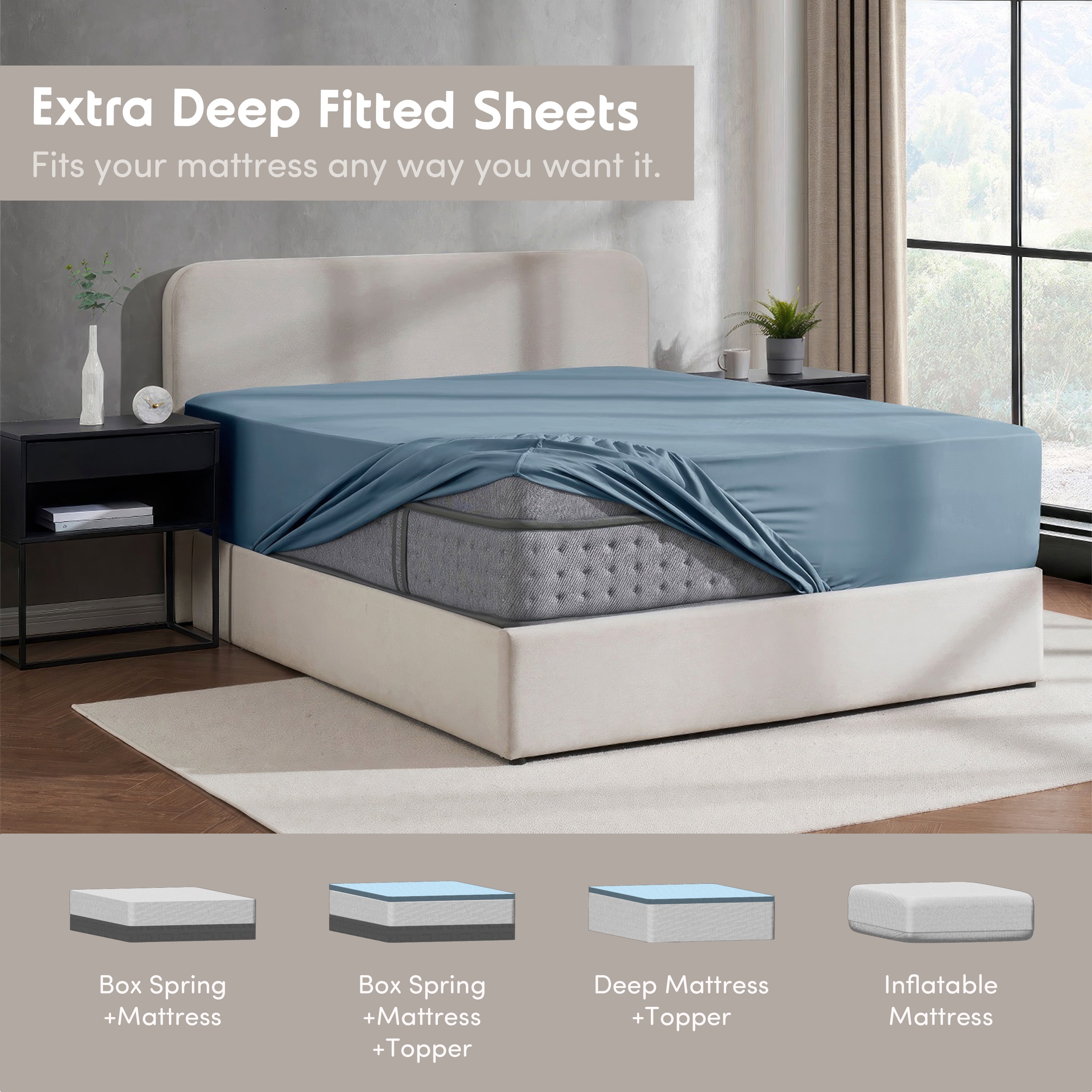 Lammaloe 2 Pack Extra Deep Pocket King Fitted Sheet Only, Fits 18" to 24" Mattress, Soft Microfiber Fitted Bed Sheet, Stone Blue