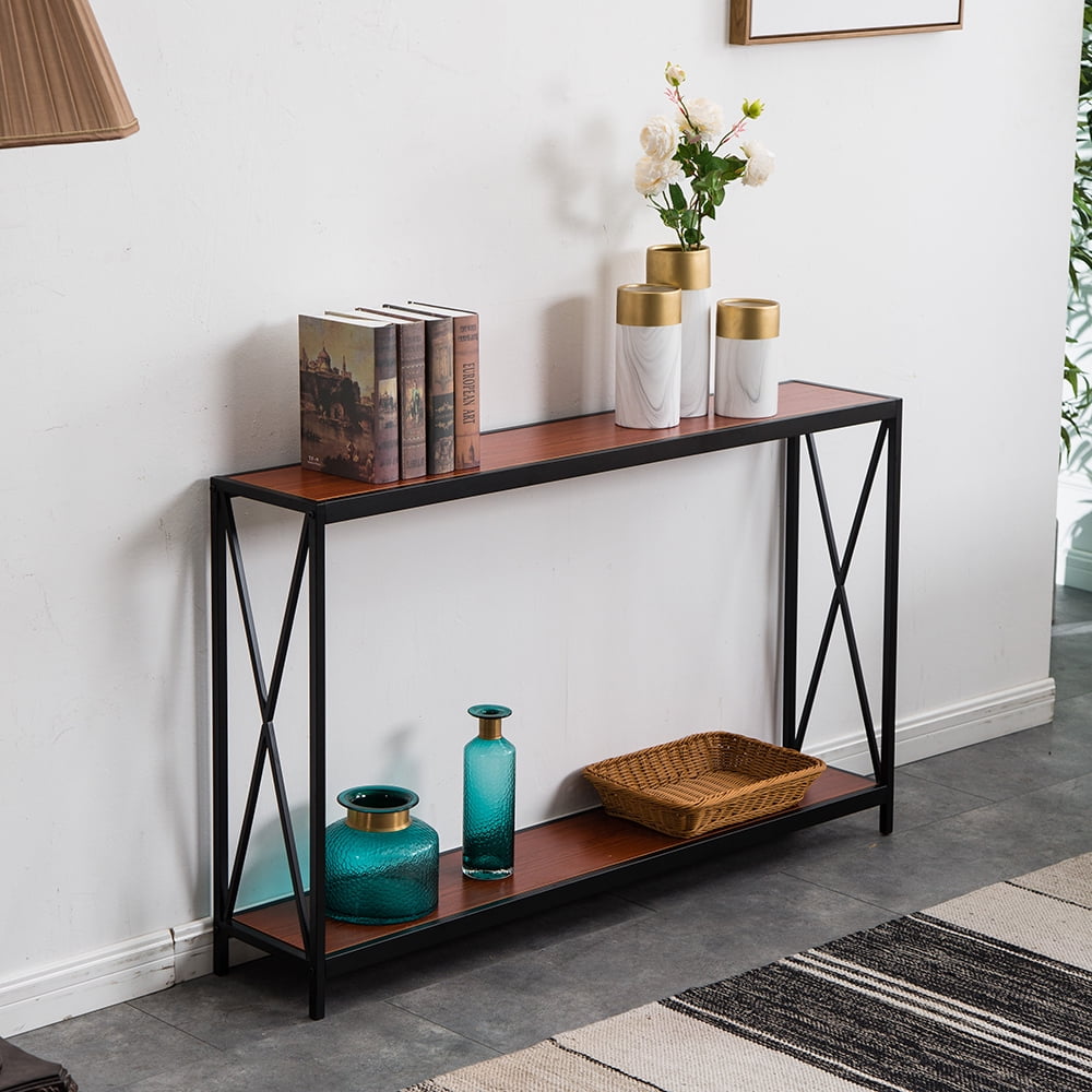 narrow console table behind sofa