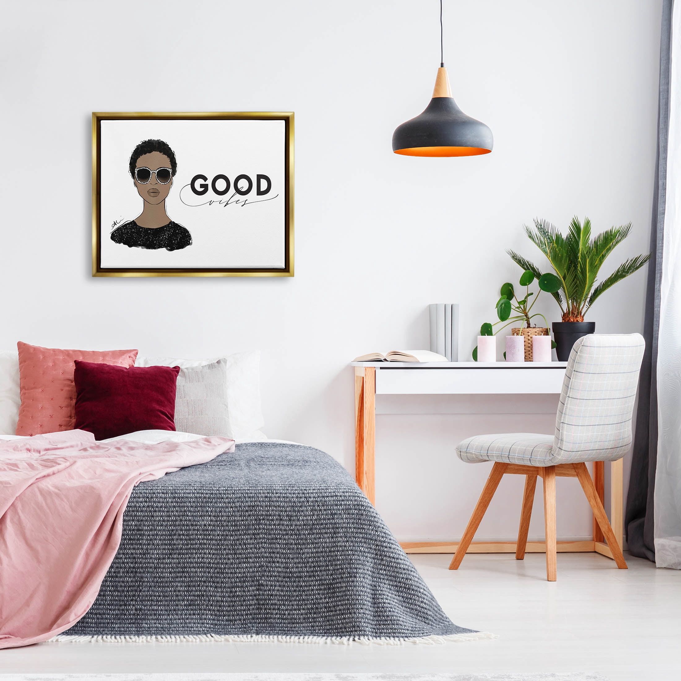 Stupell Industries Good Vibes Glam Portrait Graphic Art Metallic Gold Floating Framed Canvas Print Wall Art, Design by Alison Petrie