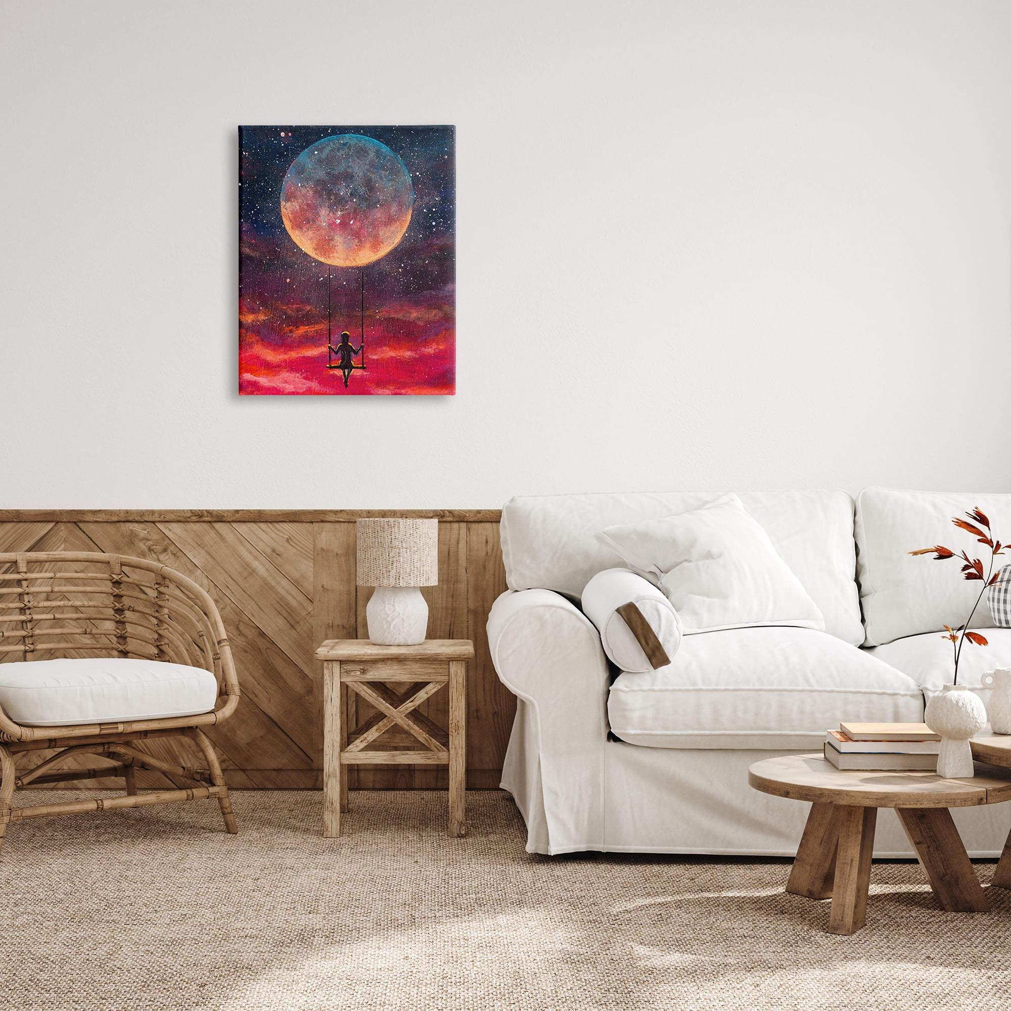 Stupell Industries Person Swinging From Moon Nature Painting Gallery Wrapped Canvas Print Wall Art, 24 x 30