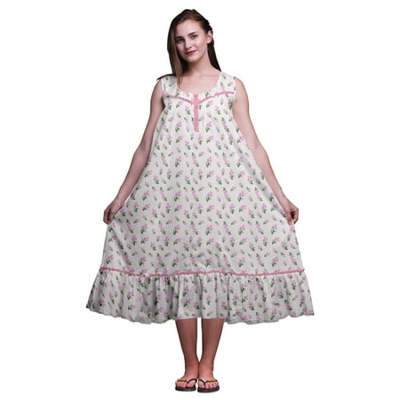 

Bimba Light Pink3 Floral Leaves & Tulip Sleeveless Night Gown For Womens Cotton Printed Nightwear Ladies Sleepwear XX-Large