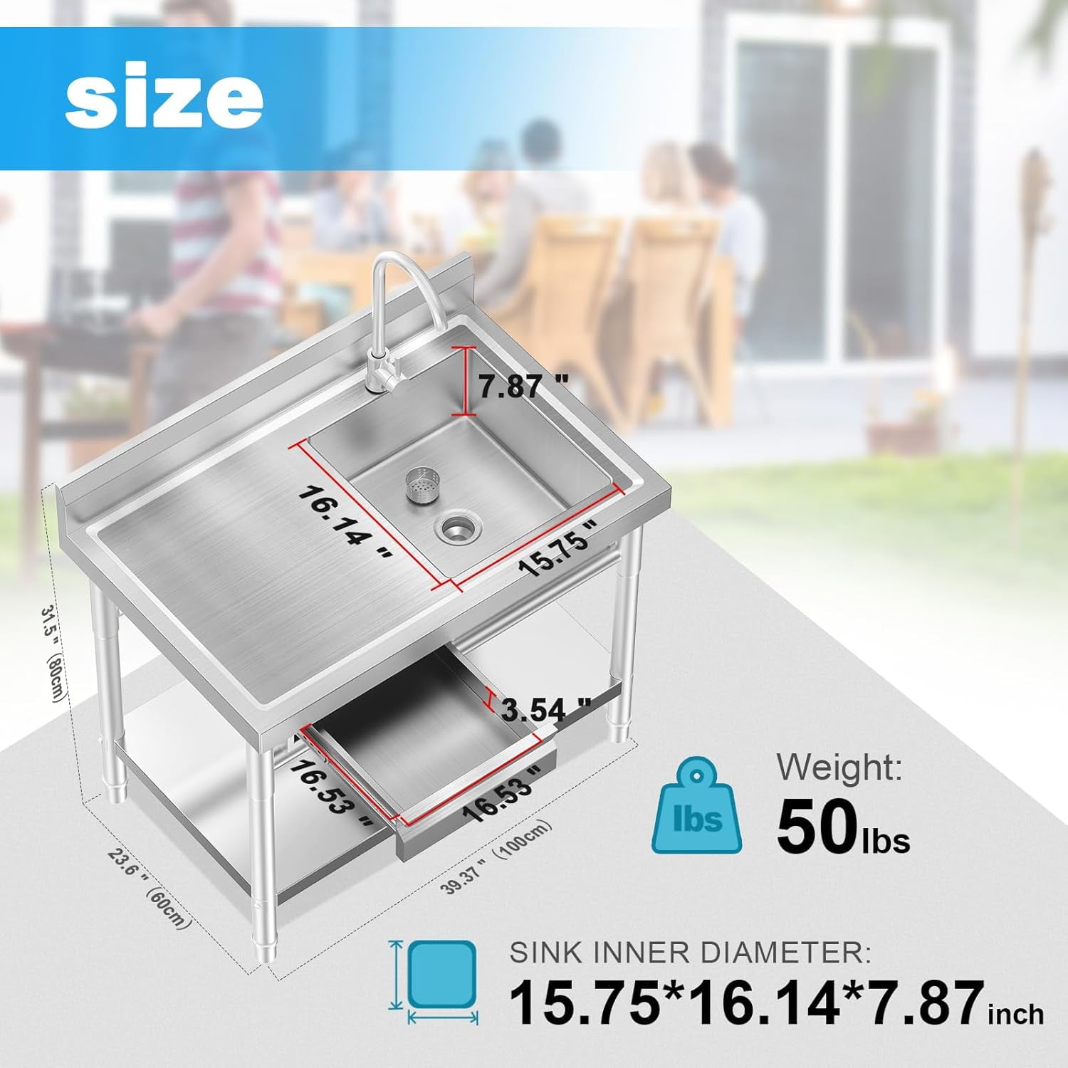 Stainless Steel Utility Sink Freestanding Single Bowl Laundry Sink With Hot And Cold Water Plumbing Workbench Drawers For Laundry Room Farmhouse Indoor And Outdoor Sink