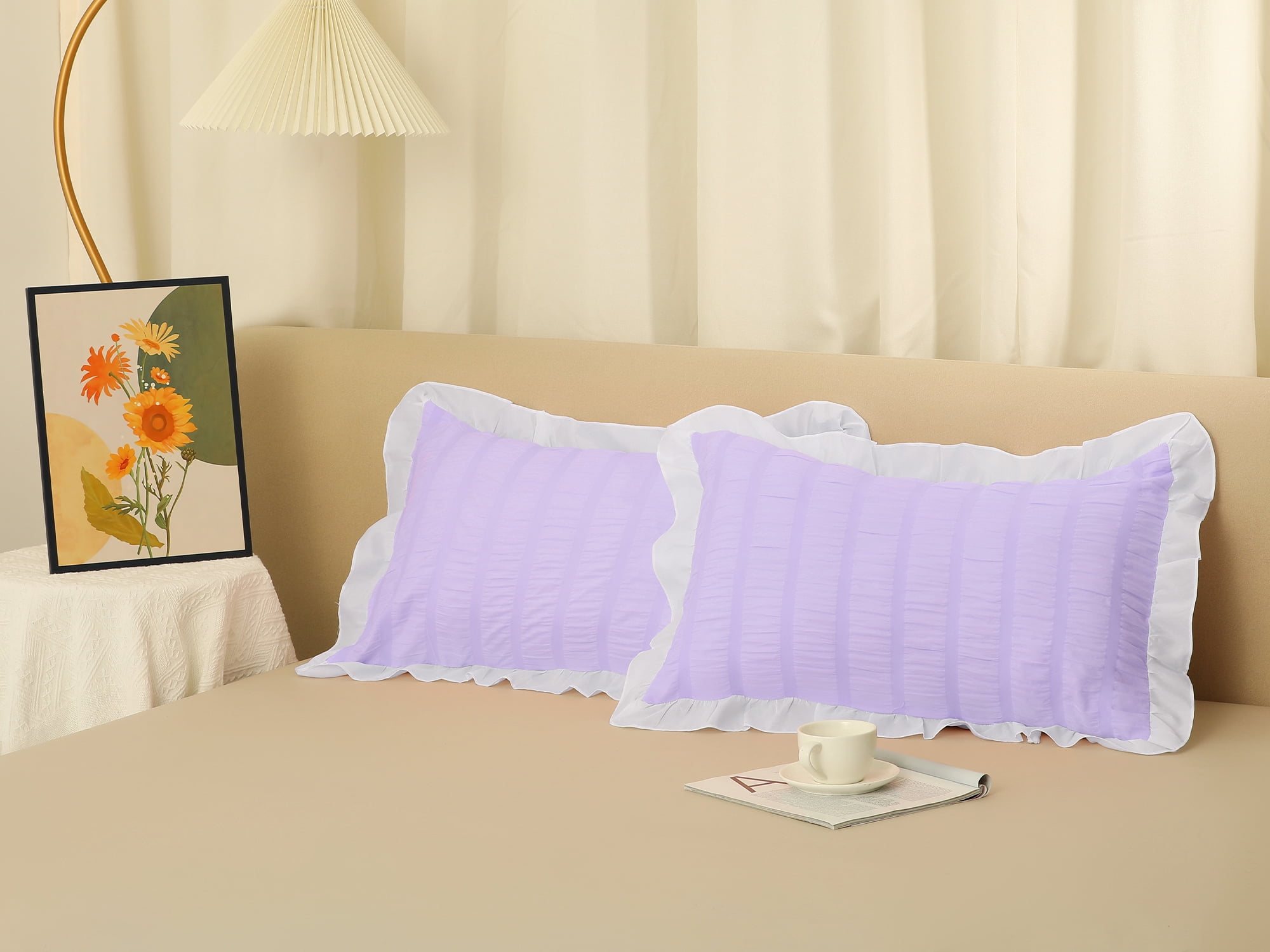 Unique Bargains Polyester Ruffles Pleated Pillow Shams Set of 2 with Envelope Closure Purple Queen