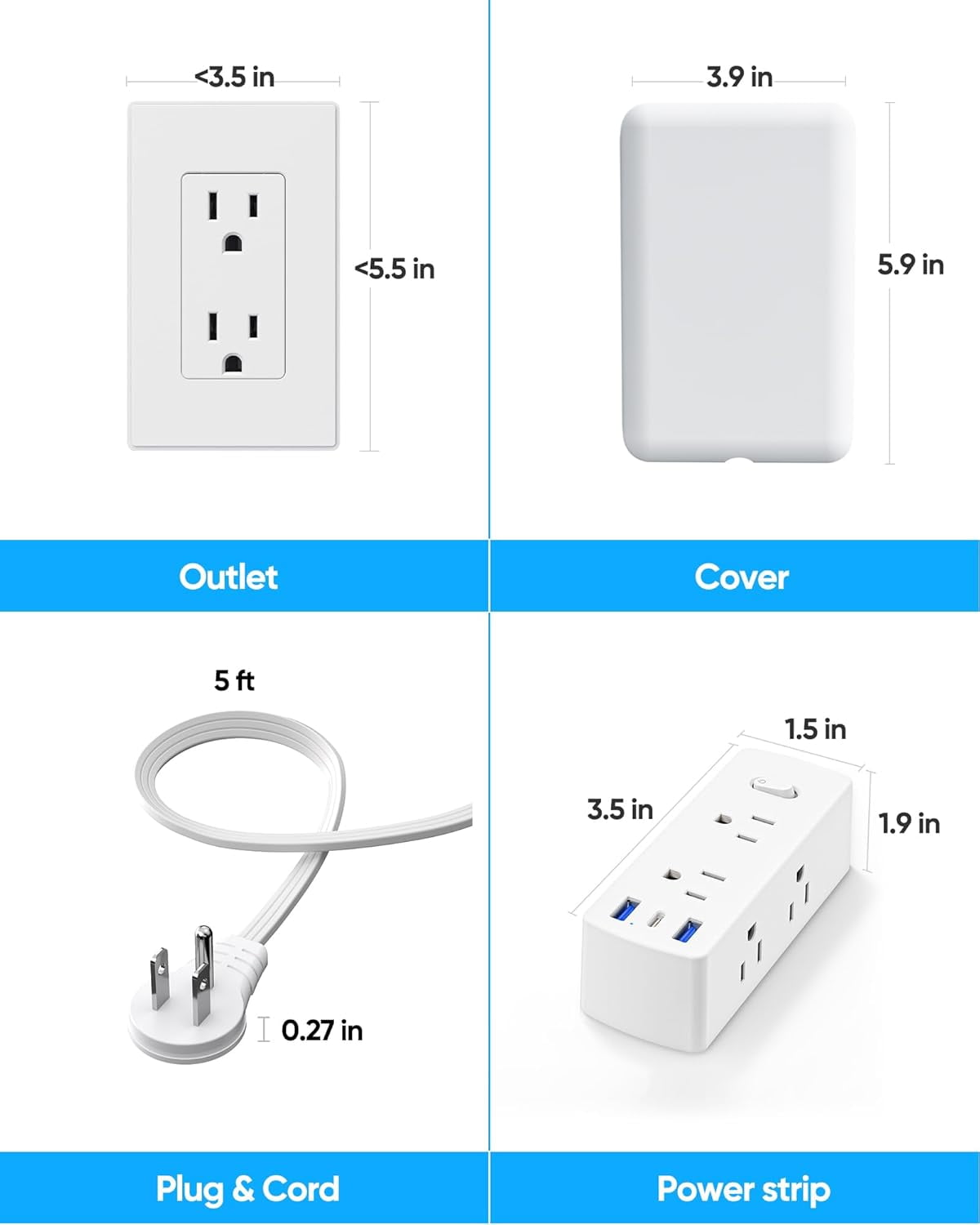 Flat Extension Cord with Outlet Cover, Flat Plug Power Strip with 6 Outlets and 3  Ports, 2000 Joules Surge Protector, 3 FT Cord  Outlet Extender for Tight Spaces