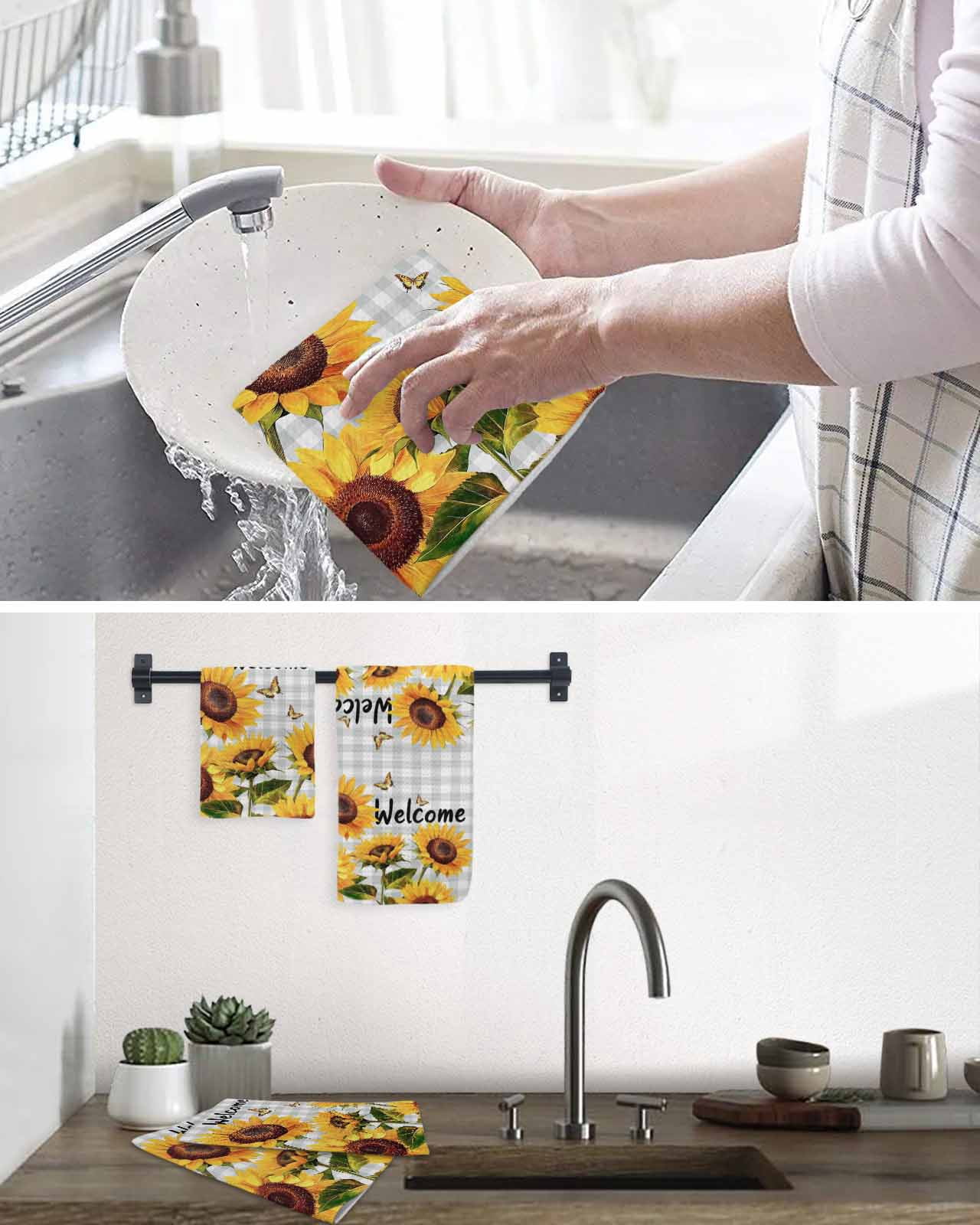 Yellow Sunflower Kitchen Dish Towels for Drying Dishes Set of 2, Butterfly Grey Buffalo Plaid Spring Waffle Weave Microfiber Terry Hand Tea Bathroom Towels Quick Dry & Absorbent Towel 15.7x23.6