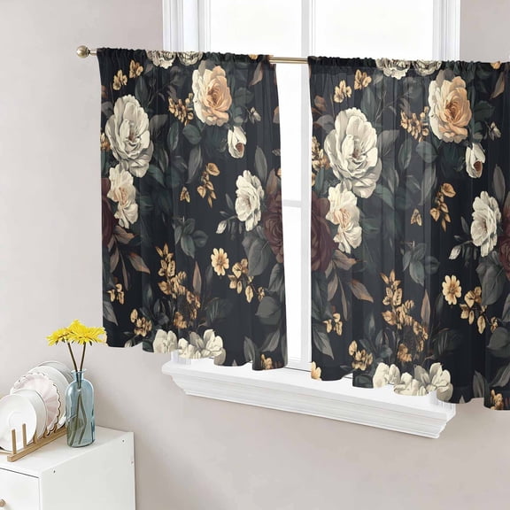 Vintage Black Floral Semi Sheer Curtains 54 Inch Length 2 Panels Set, Spring Seasonal Botanical Blooms Sheer Kitchen Curtain Privacy Voile Window Curtain for Living Room Bedroom Rod Pocket Drapes