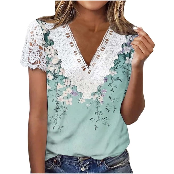 Tops de Manga Corta con Cuello en V para las Mujeres Blusa de Botón Impresa de Plegado de Verano Casual de Ajuste Regular