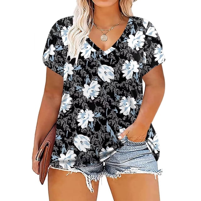 Top de gran tamaño,Blusa de manga corta con mangas de pétalos de gran tamaño para mujer Blusa con cuello en V impulsada por el rendimiento