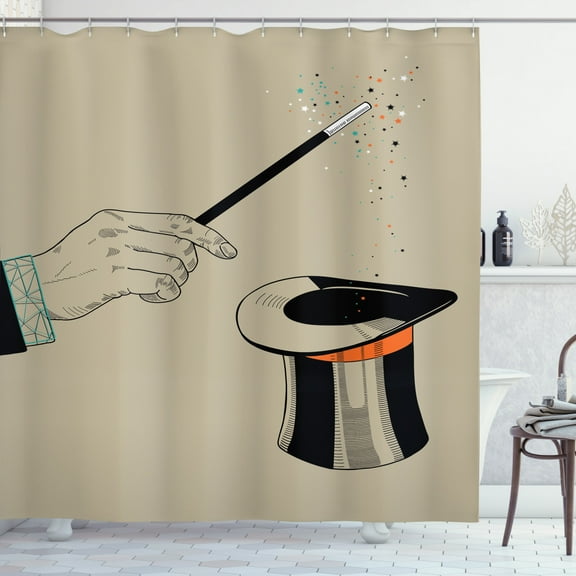 Magic Shower Curtain, Magician Hand with Magic Wand Classical Hat Illustration, Fabric Bathroom Set with Hooks, 69W X 84L Inches Extra Long, Dark Eggshell Black Turquoise Orange, by Ambesonne