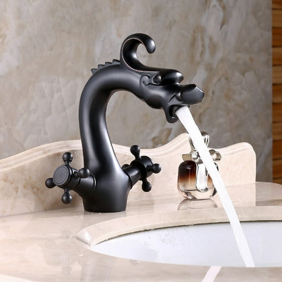 Dragon Shaped Basin Faucet, G3/8" Interface, 2 Cross Handles Antique Brass Faucet for Bathroom