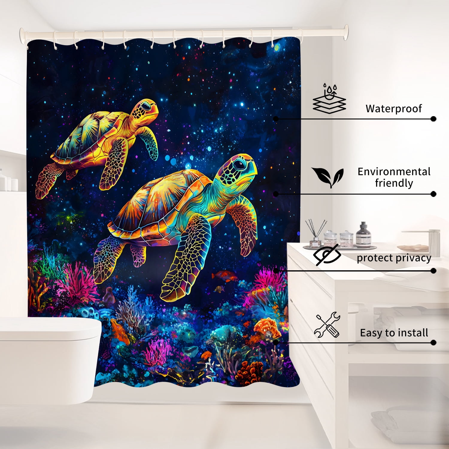 MIZHONA Sea Turtle Shower Curtain Blacklight Ocean Coastal Waterproof Fabric Bathroom Curtain 72x78 in