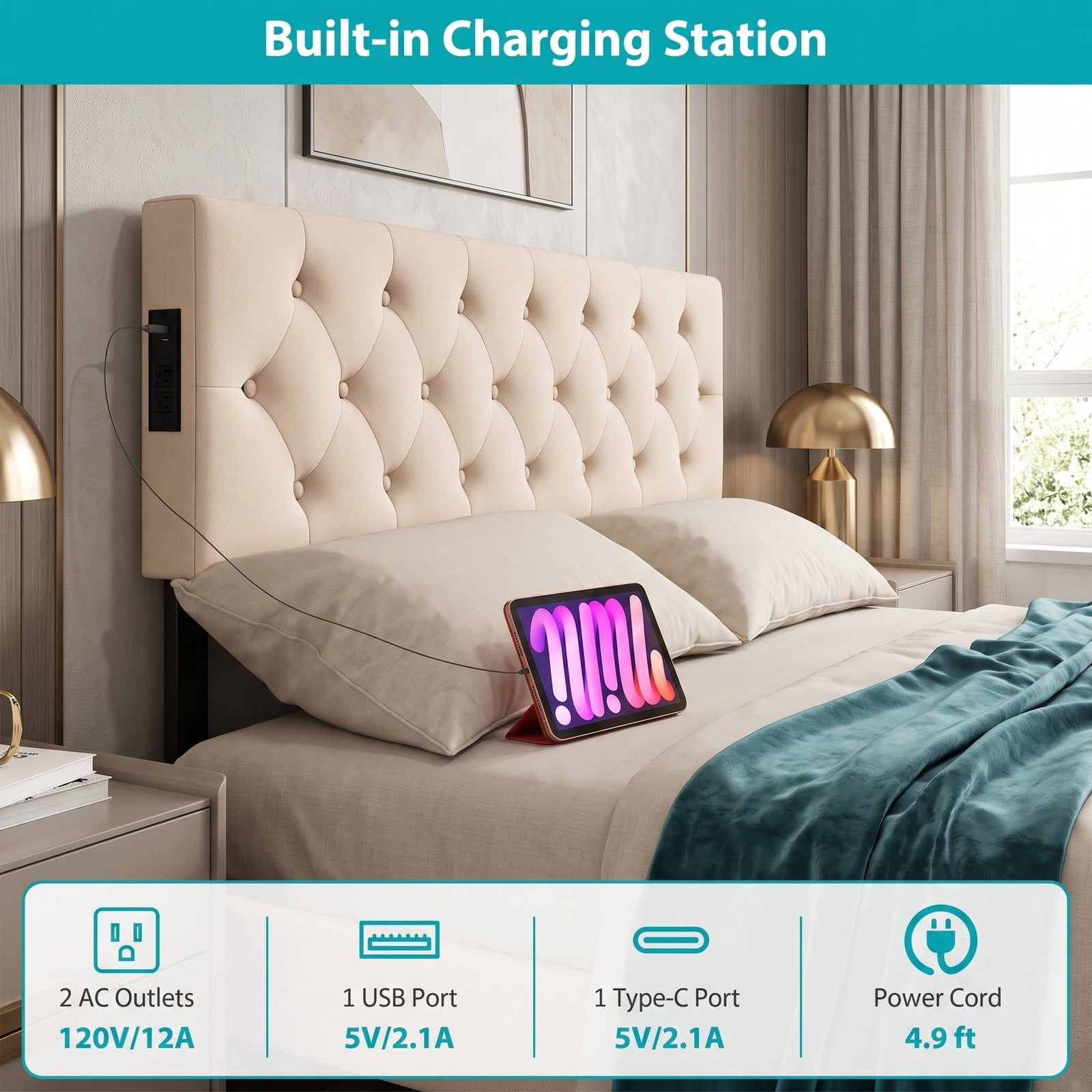 Furnibear Tufted Upholstered Headboard with Diamond Button Tufting and 2 AC Outlets and USB and Type-C Charging Ports for Full and Queen Beds, Beige