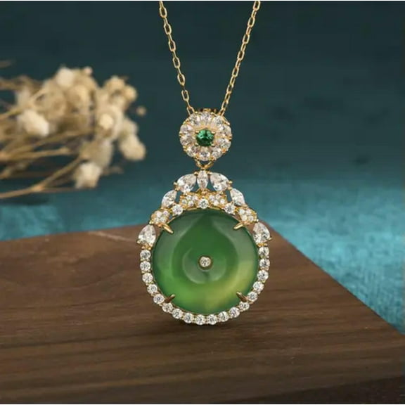 K-KED Green Jade Crystal Pendant Necklace Charm 18K Gold Plated Necklace Dainty Gem