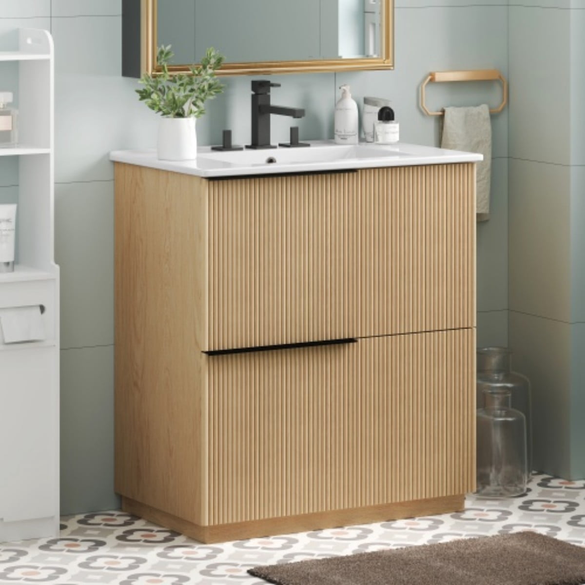 30" Bathroom Vanity with Ceramic Sink, Freestanding Bathroom Cabinet with Full Extension Drawers, Soft Close Slides, Fluted Design, Natural