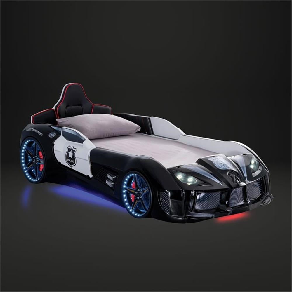 Pemberly Row Plastic Twin Race Car Bed with LED Light in Black