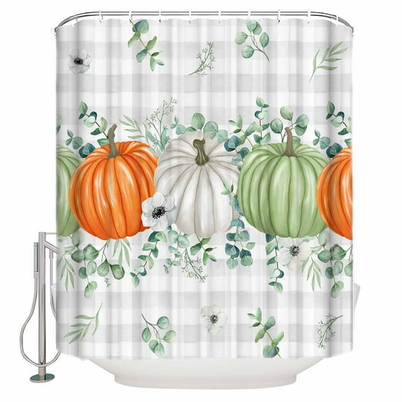 Fabric Shower Curtain Fall Thanksgiving Pumpkins Eucalyptus Leaves Grey Plaid Shower Curtains with 12 Hooks Waterproof Machine Washable Bath Curtains for Bathroom, 36 x 72in