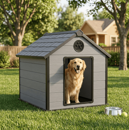 fazzn Large Dog House Outdoor, Insulated Waterproof Resin Dog Kennel with Elevated Floor, All-Weather Dog Shelter for Medium Large Dogs, Easy Assembly.Black-gray,Father's Day Gift
