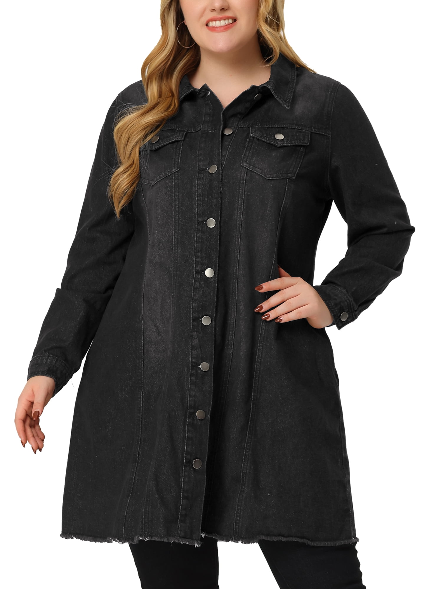 DARING DIVA Women's Plus Size Long Distressed Button Up Denim Jacket 6X Black