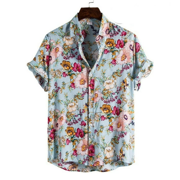 Drppepioner Men'S Cardigan Short Sleeve Hawaiian Beach Flower Turtleneck Shirt