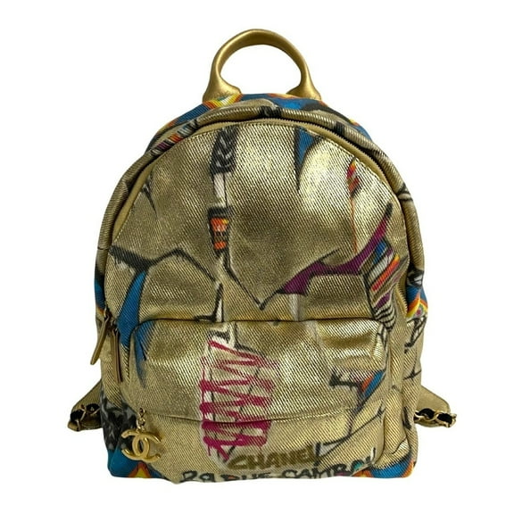 Pre-Owned CHANEL Coco Mark Graffiti Coated Canvas Backpack, Gold, 90867 (Good)