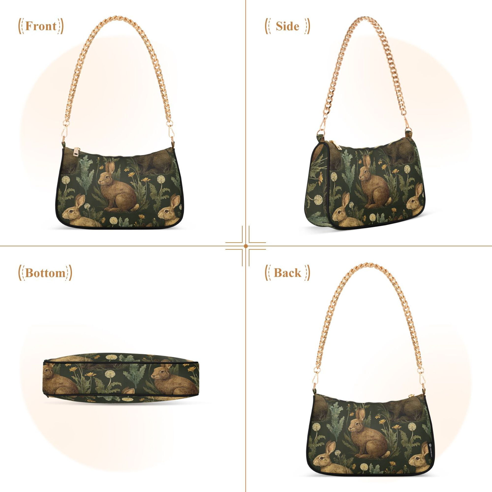 FORMRS Womens Shoulder Bag with Chain Strap Clutch Purse Cute Tote Handbag, Brown Floral Rabbits Pattern
