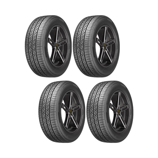 paquete de 4 llantas 225/60r17 99h modelo TrueContact Tour marca Continental, vista 3/4 frontal, cuatro llantas negras con dibujo de banda de rodamiento asimétrico y flancos con la marca Continental legible, montadas en rines oscuros sobre fondo blanco; a menudo usadas como reemplazo de juego completo para autos de pasajeros.