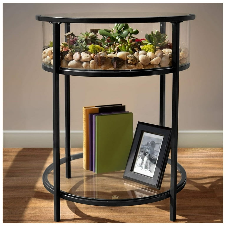 Round Terrarium Display End Table with Reinforced Glass in Black Iron- 20  Diameter, 26.5 Height- Great Indoor Decor for Any Home or Office- DIY