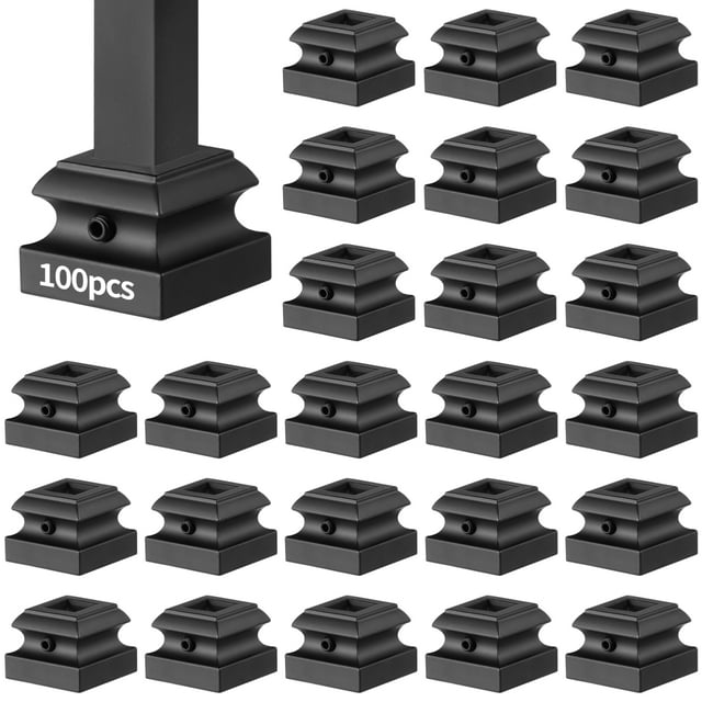 100 PCS Iron Baluster Shoes, Stair Flat Shoe with Screw, Metal Staircase Baluster Shoes for 1/2-Inch Square Scroll Basket Iron Balusters, Black Square Metal Baluster Post for Spindle Railing Deck