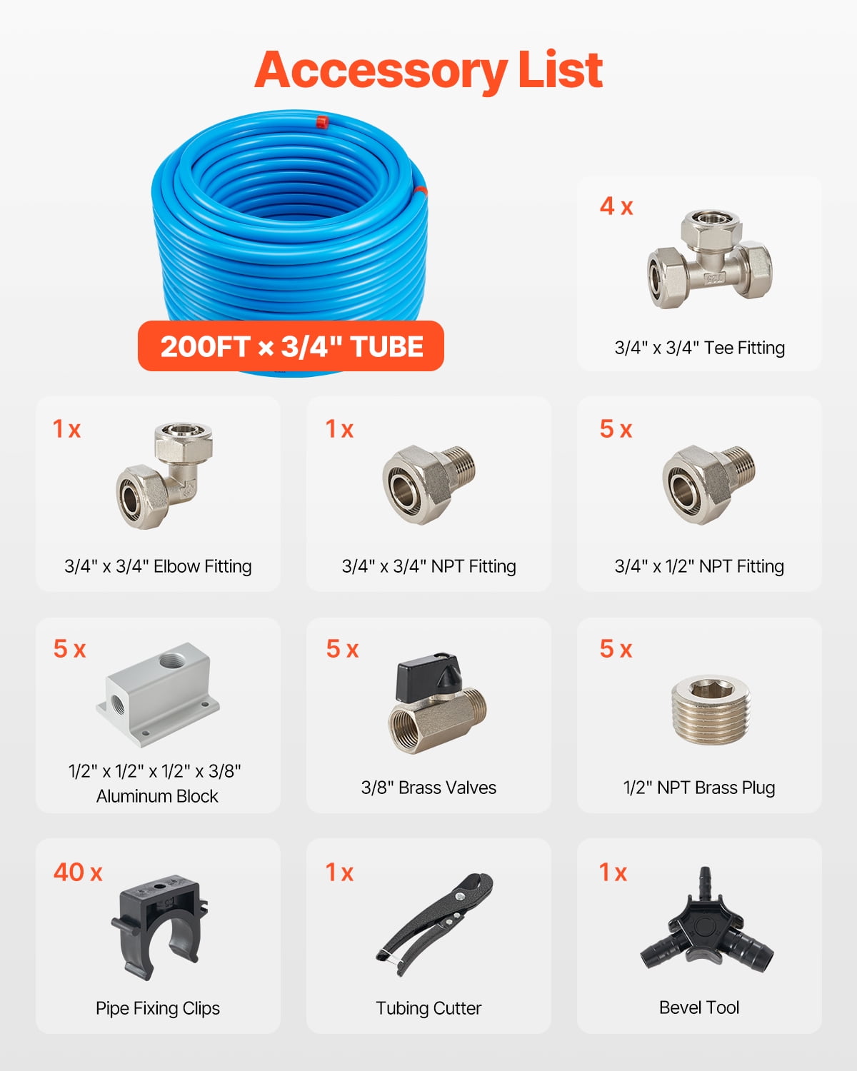 VEVOR Air Compressor Line Kit, 200FT x 3/4", HDPE-Aluminum Compressed Air Piping System, Leak-Proof & Easy-to-Install, Compressed Air Line Tubing Kit for Garages Workshops, Blue