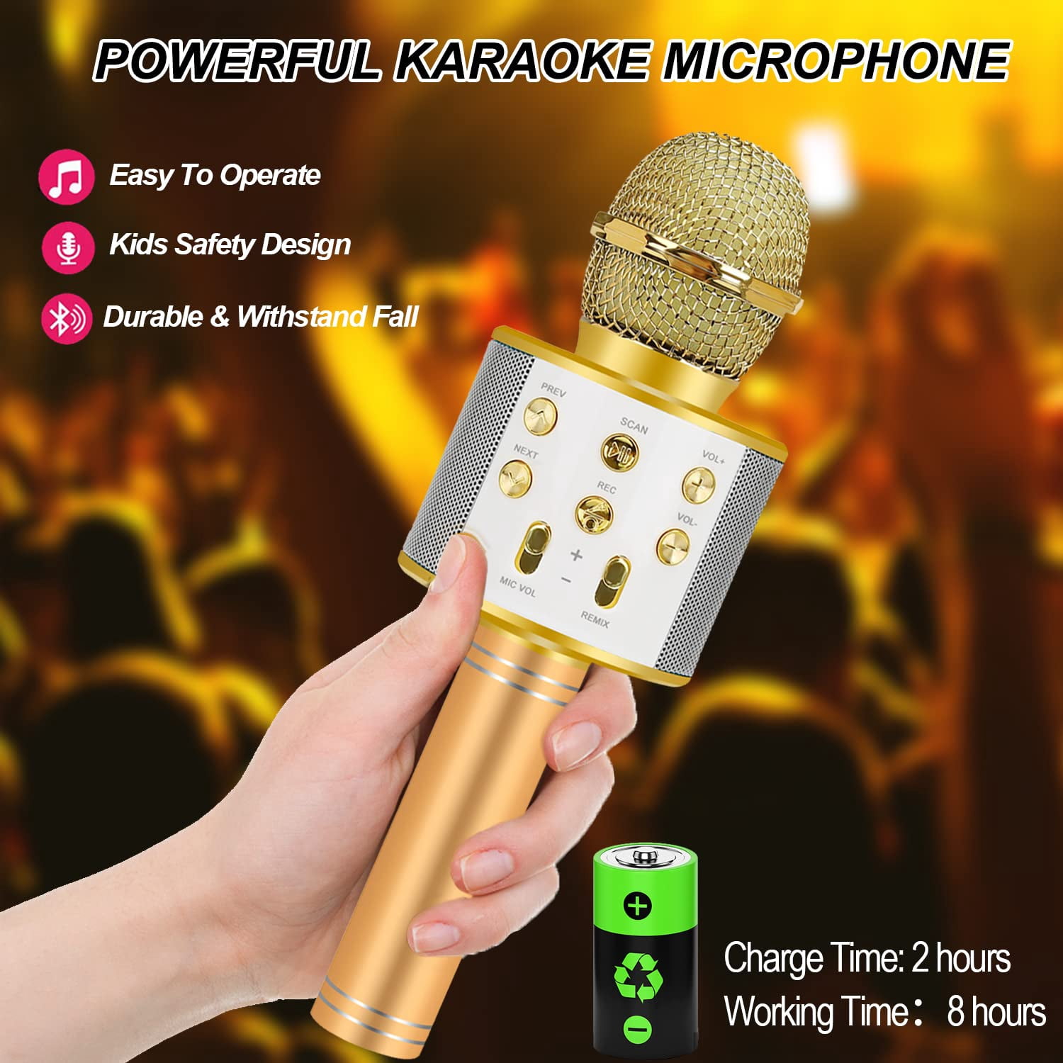 DAKIMOE Wireless Bluetooth Karaoke Microphone, Portable Handheld Singing Microphone for Kids Adults with Stereo Speaker and Voice Changer for All Smartphones, Gifts for Girls Kids Adults, Gold