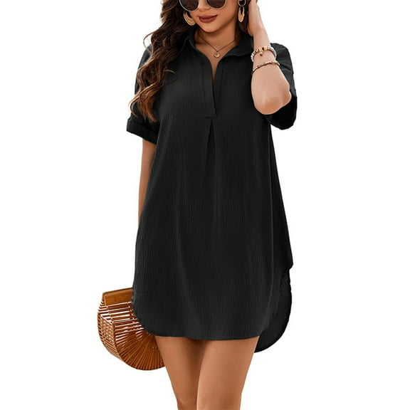 Dpytoraw Women's Fashion Casual Solid Color Stand Collar Round Hem Dress Womenās Sustainable Organic Cotton Dresses