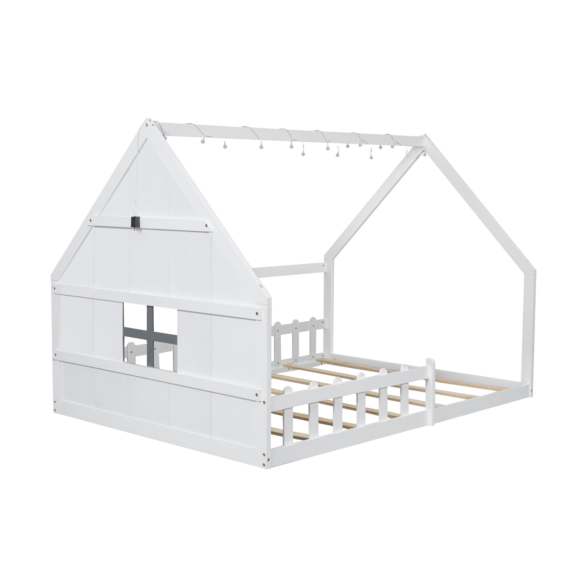 Bellemave Full Size House Bed with LED Light and Fence, Wooden Montessori Floor Bed with Window, No Box Spring Required (White)