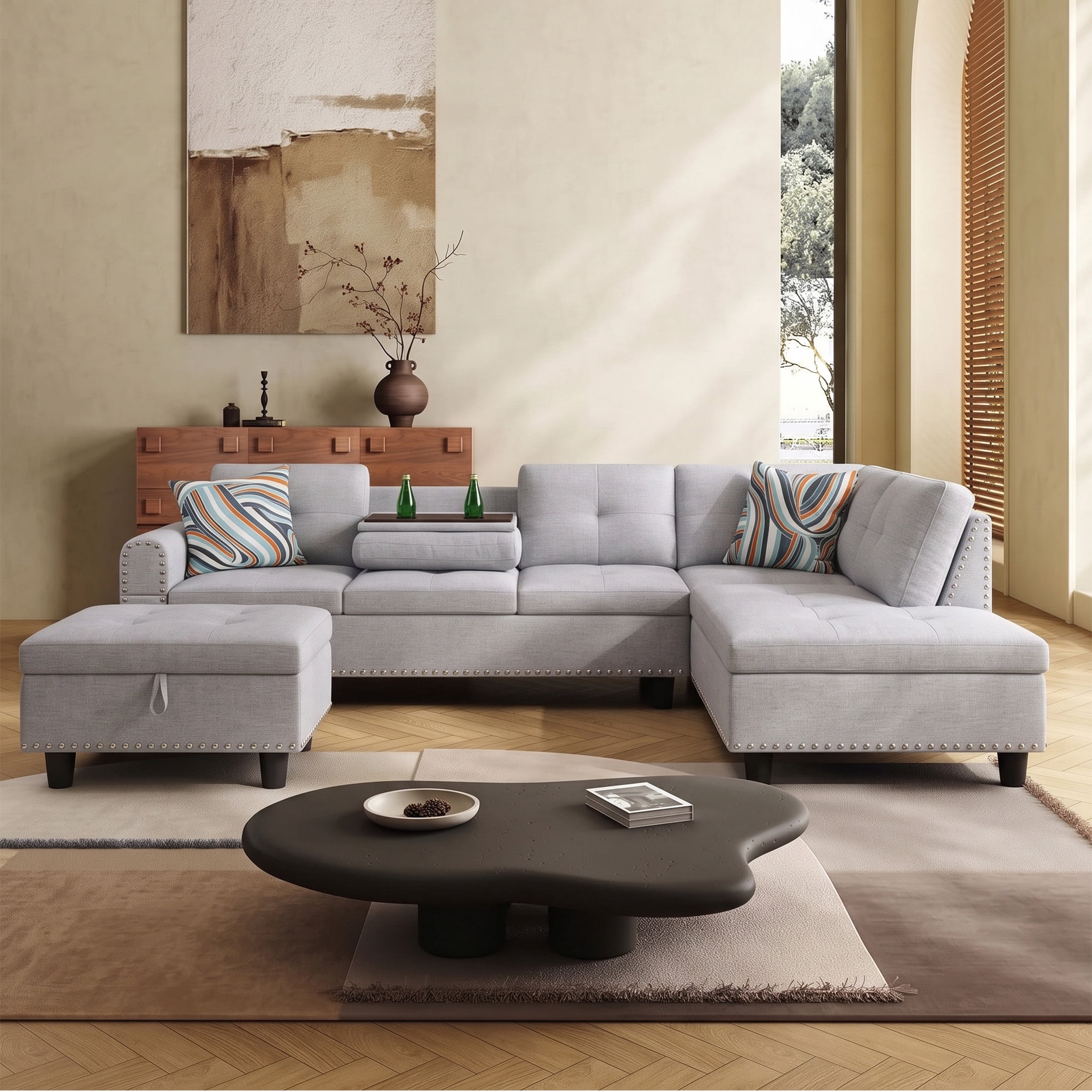 AENKYO 98" L-Shaped Sectional Sofa with Reversible Chaise, Storage Ottoman & Cup Holders, Flannel, Light Gray