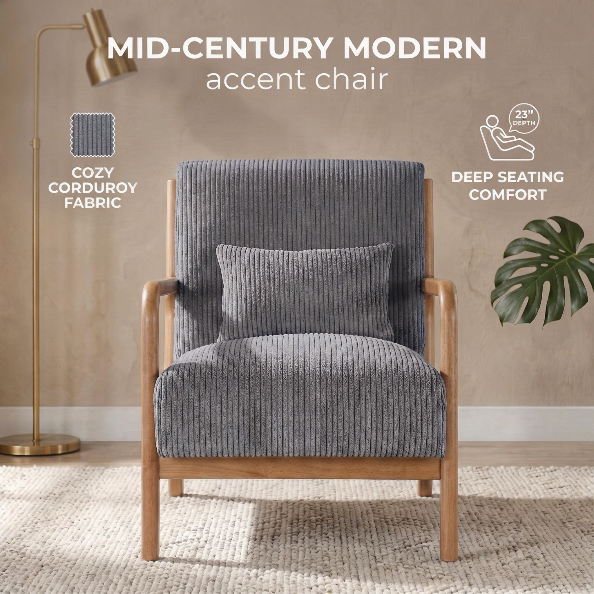 Mid-Century Modern Corduroy Accent Chair with Solid Wood Frame & Lumbar Pillow, Gray