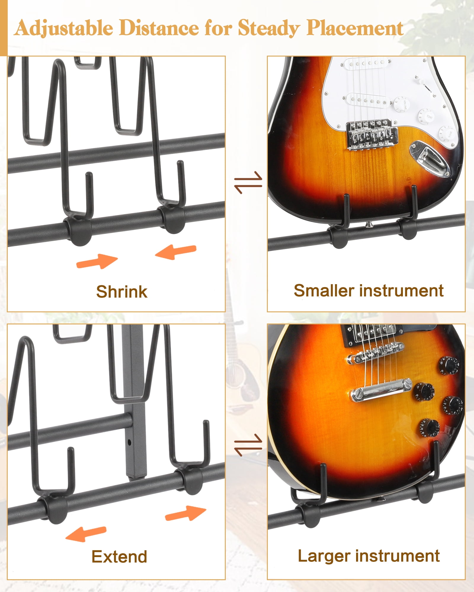 Olakee 3-Piece Floor Guitar Stand with Amp Support, Adjustable for Multiple Electric Guitars and Accessories, Wood & Metal, Black & Brown
