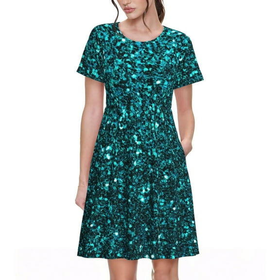 Hirioo teal sparkling for Short Sleeve Dress Women's Short Sleeve Dress with Pockets