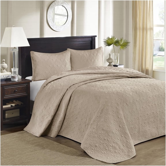JERFIT Reversible Queen Bedspread Set with Shams, Khaki Cotton Blend, Anti-Microbial, Oversized Quilted Coverlet for Deep Mattress