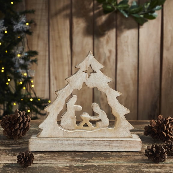 VHC Brands Manger Nativity Scene Wooden Figurine 8x7x2