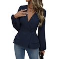 thumbnail image 2 of Women Dressy Long Sleeve Blouses,Wrap Peplum Work Shirts V Neck Business Tops Elegant Fall Outfits Navy Blue XL, 2 of 9